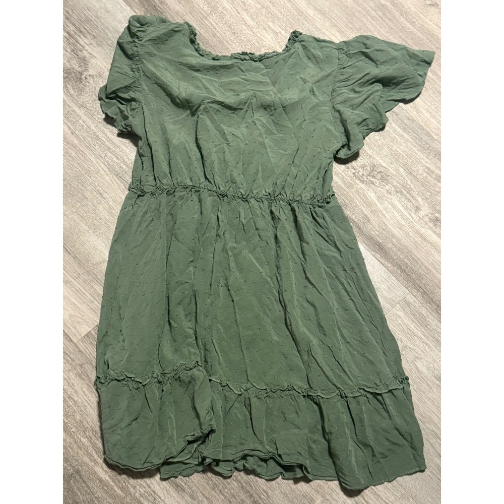 Green Swiss Dot Dress Ruffle Trim V-Neck Short Sleeve Summer Mini Dress Small - Picture 4 of 5